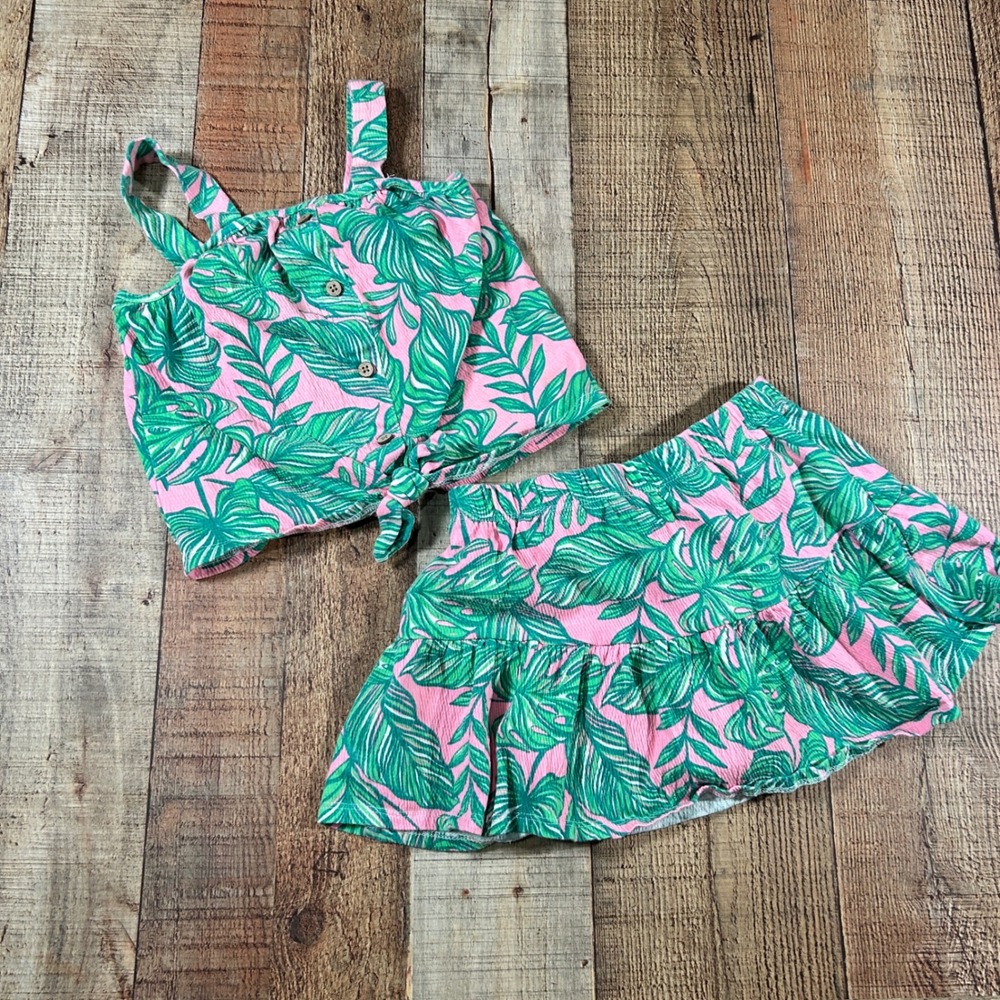 Tommy Bahama Girls Size 5/6 Pink Green Tropical Palm Leaf Tank Top Skort Set
